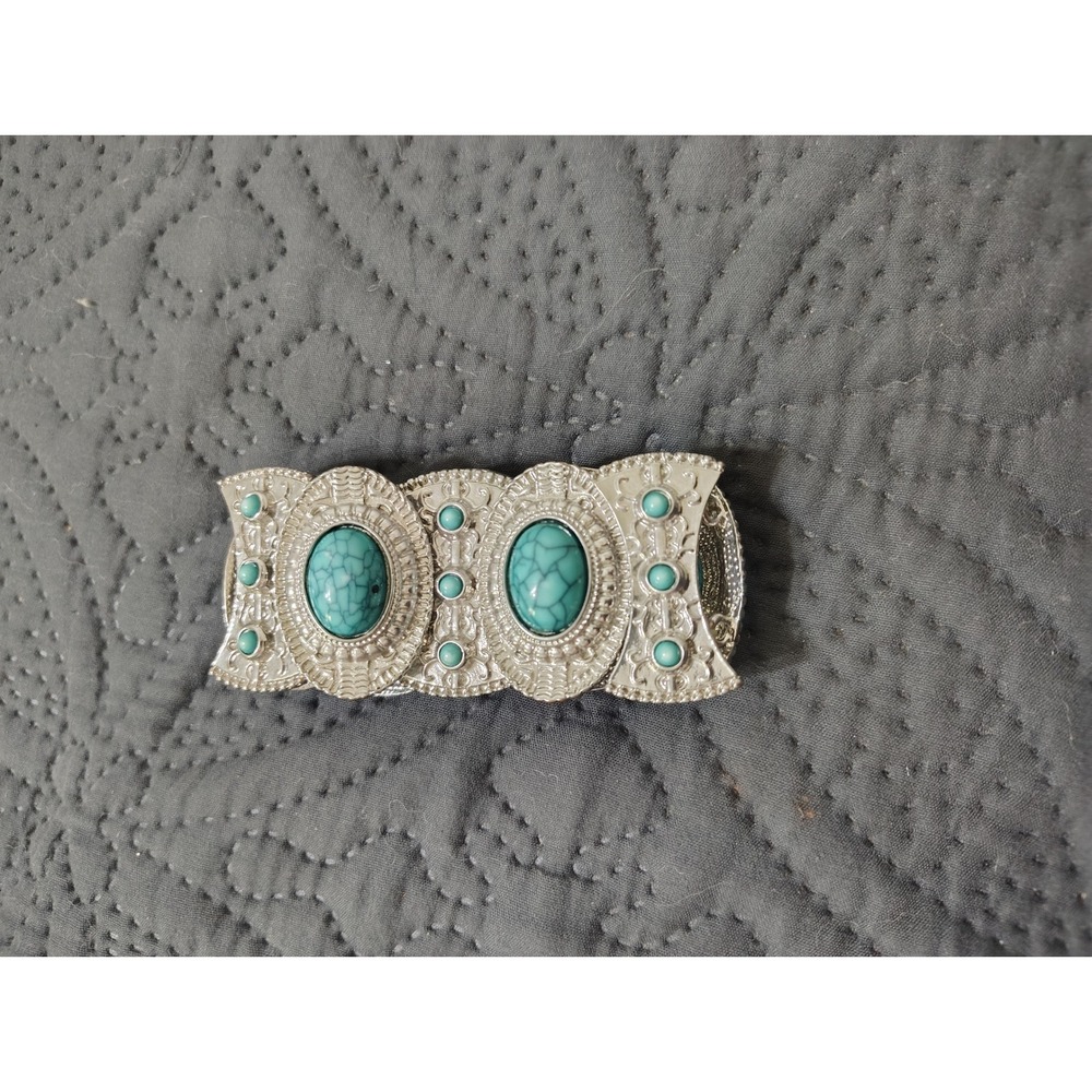 Western Silver Tone Faux Turquoise Stretch Cuff Bracelet Bohemian Stamped Metal
